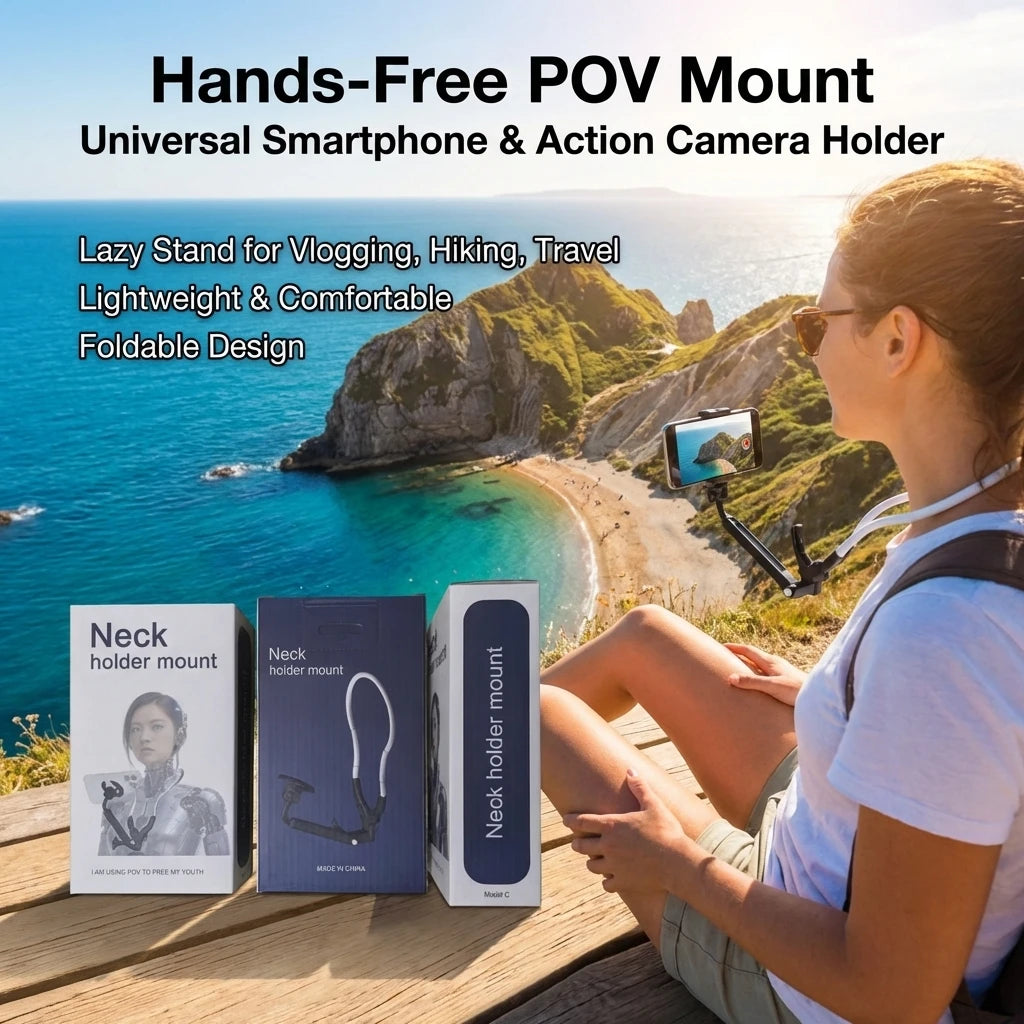 Hands-Free POV Mount for smartphone and action camera used by a woman outdoors