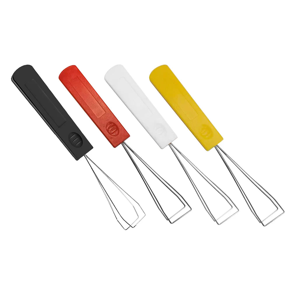 A set of four colored mechanical keyboard keycap pullers with metal arms.
