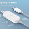 A white in-line control device and cable for headset volume and sound mode adjustment.