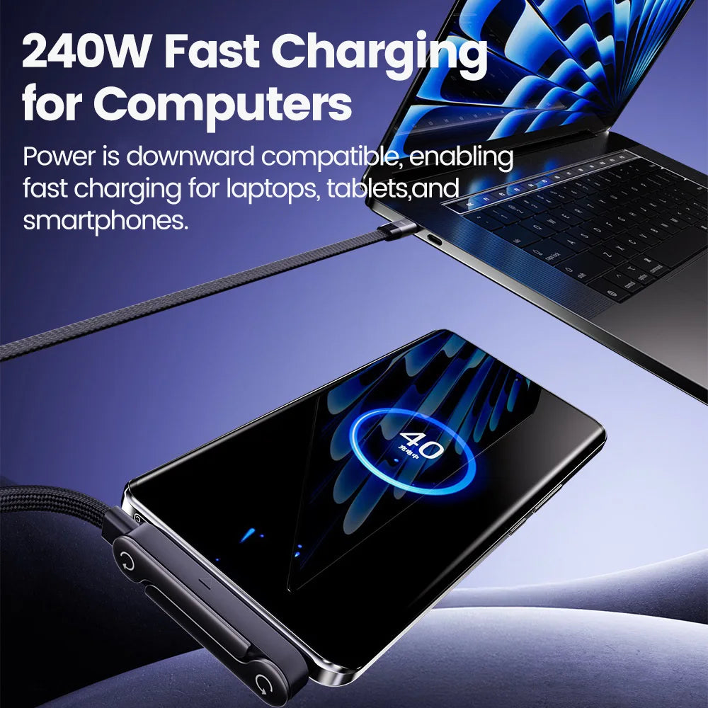 A close-up shot of a black USB-C cable charging a smartphone, with a laptop partially visible in the background.