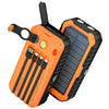 An orange solar power bank with multiple charging cables is shown from above.