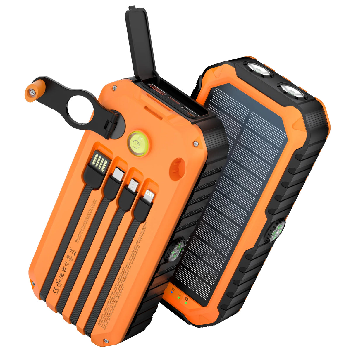 An orange solar power bank with multiple charging cables is shown from above.