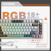 A close-up view of a YUNZII RGB keyboard showing various key layouts and features like backlight effects.
