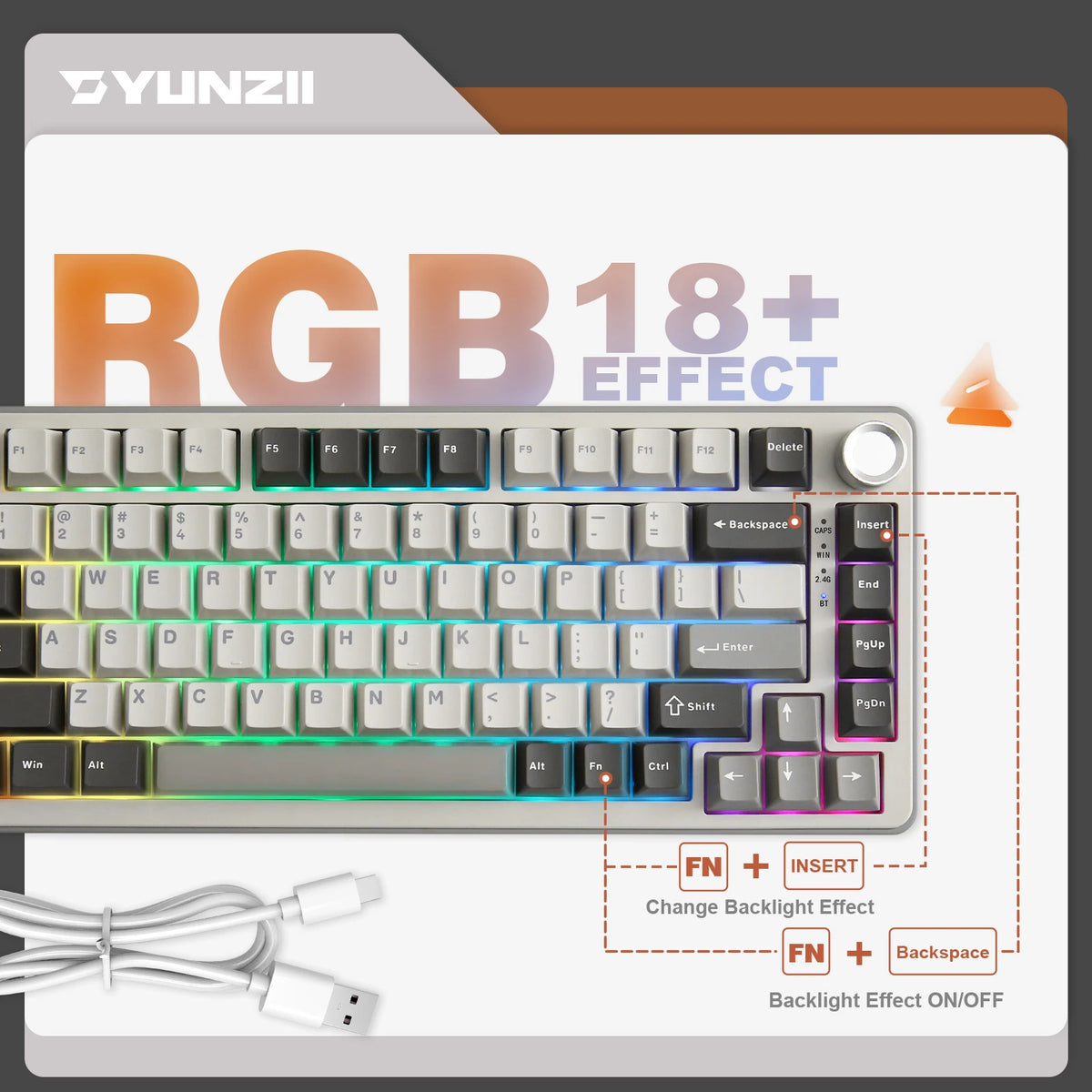 A close-up view of a YUNZII RGB keyboard showing various key layouts and features like backlight effects.