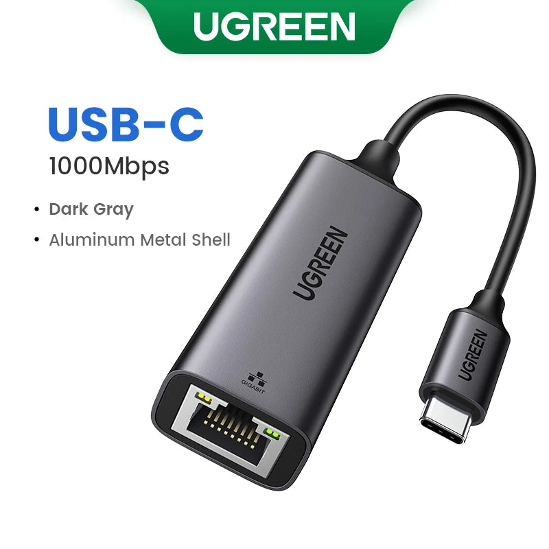 A dark gray aluminum metal shell USB-C to Ethernet adapter cable with an UGREEN logo.
