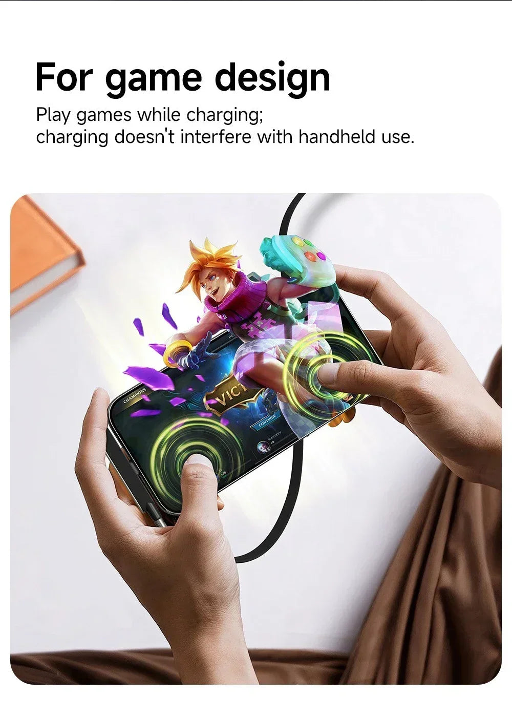 A hand holds a smartphone with a game running, while it is charging and simultaneously used as a stand.