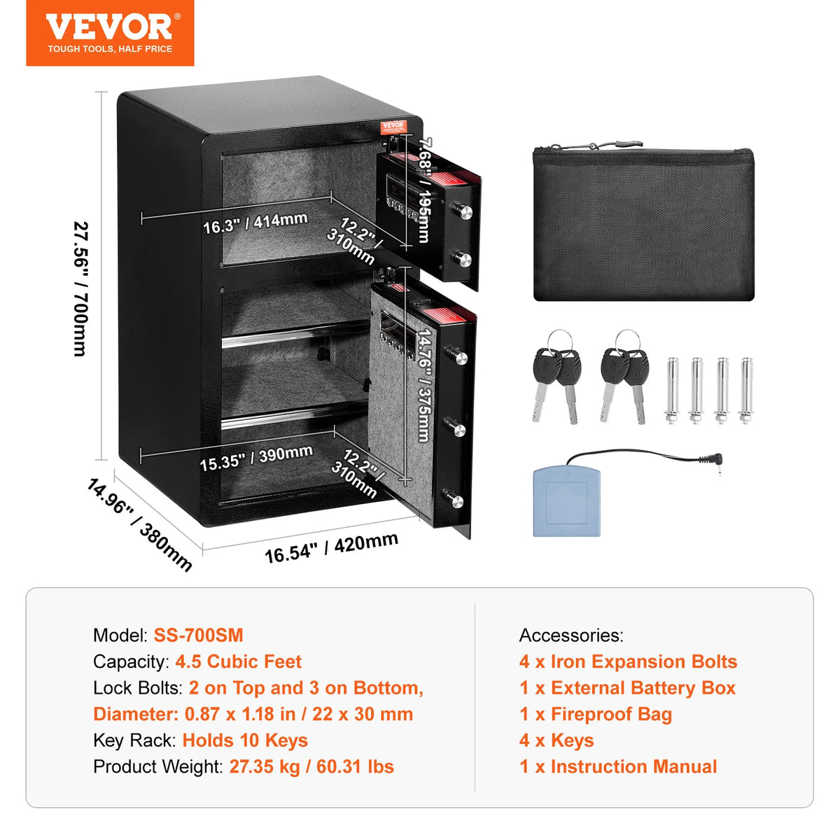 A black steel security safe box with a lock, key rack, and various accessories shown in an open view.