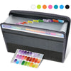 A black expandable multi-pocket document folder with color-coded plastic sleeves and a color palette shown.