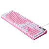 A pink wired mechanical keyboard with white keys and an RGB backlight, shown at an angle.