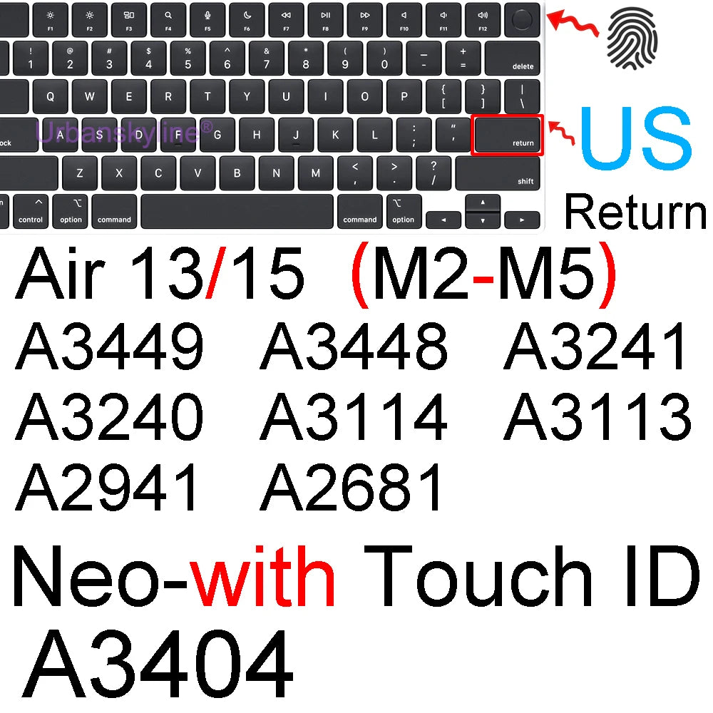 Vista cercana de una cubierta de teclado de silicona para MacBook mostrando códigos alfanuméricos e icono de huella dactilar.