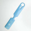 A light blue durable PVC luggage tag with a loop for travel identification.