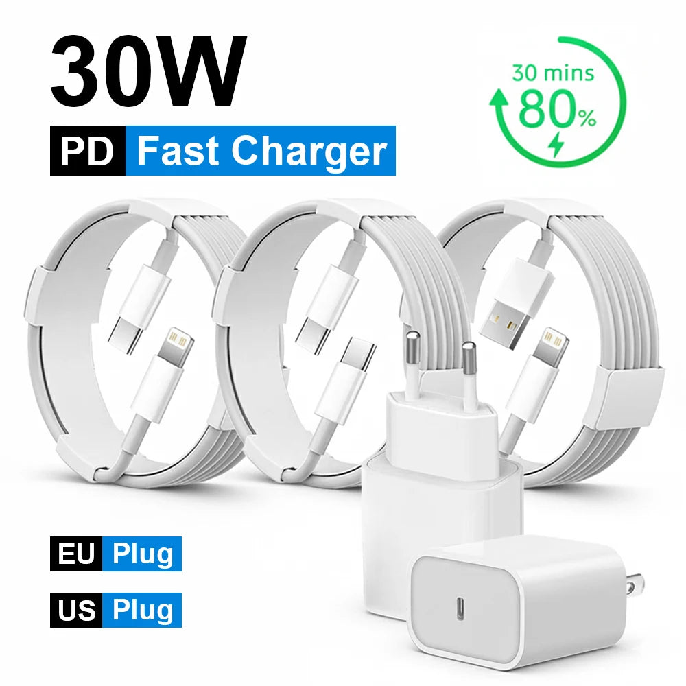 A white 30W PD Fast Charger with a Lightning cable and power adapter shown in various views.