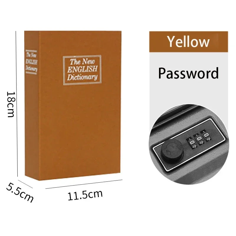 A brown dictionary-shaped lock box with a yellow password key and a combination dial.