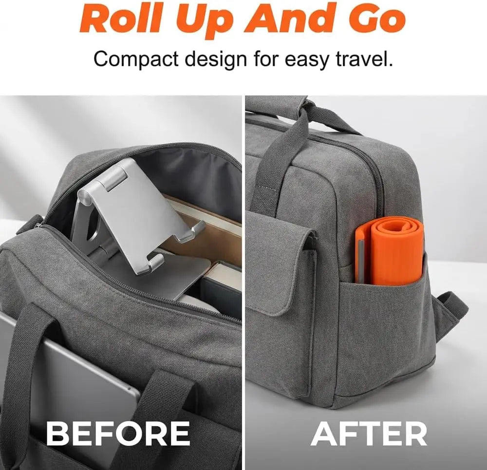 Before and after comparison of a Roll Up And Go compact design for easy travel