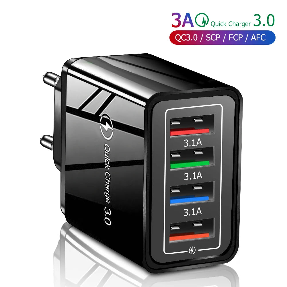 Black 3A Quick Charger with four USB ports for fast charging mobile devices