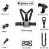 An 8-piece set of mounting hardware including a J-shaped base, rotating bracket, adapter, chest strap, screw wrench, screw, f