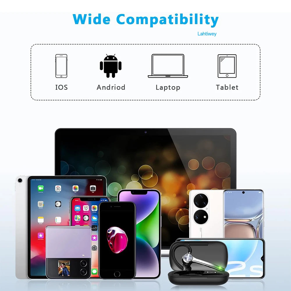 A variety of Bluetooth earbuds and a tablet are displayed, showcasing wide compatibility.