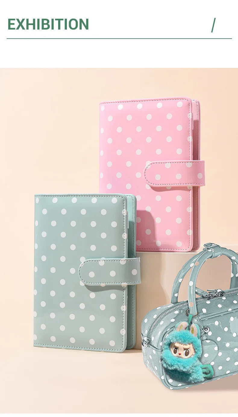 Two reusable PU leather binders in pink and mint green with polka dots, featuring cash pockets.
