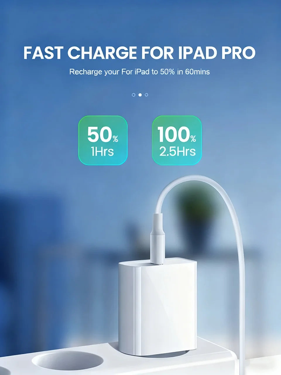 A white fast charging device is shown with a cable, demonstrating quick charging capabilities for an iPad Pro.