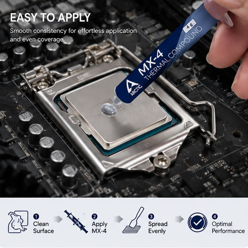 A close-up of Arctic MX-4 thermal compound being applied to a CPU or GPU heat sink on a motherboard.