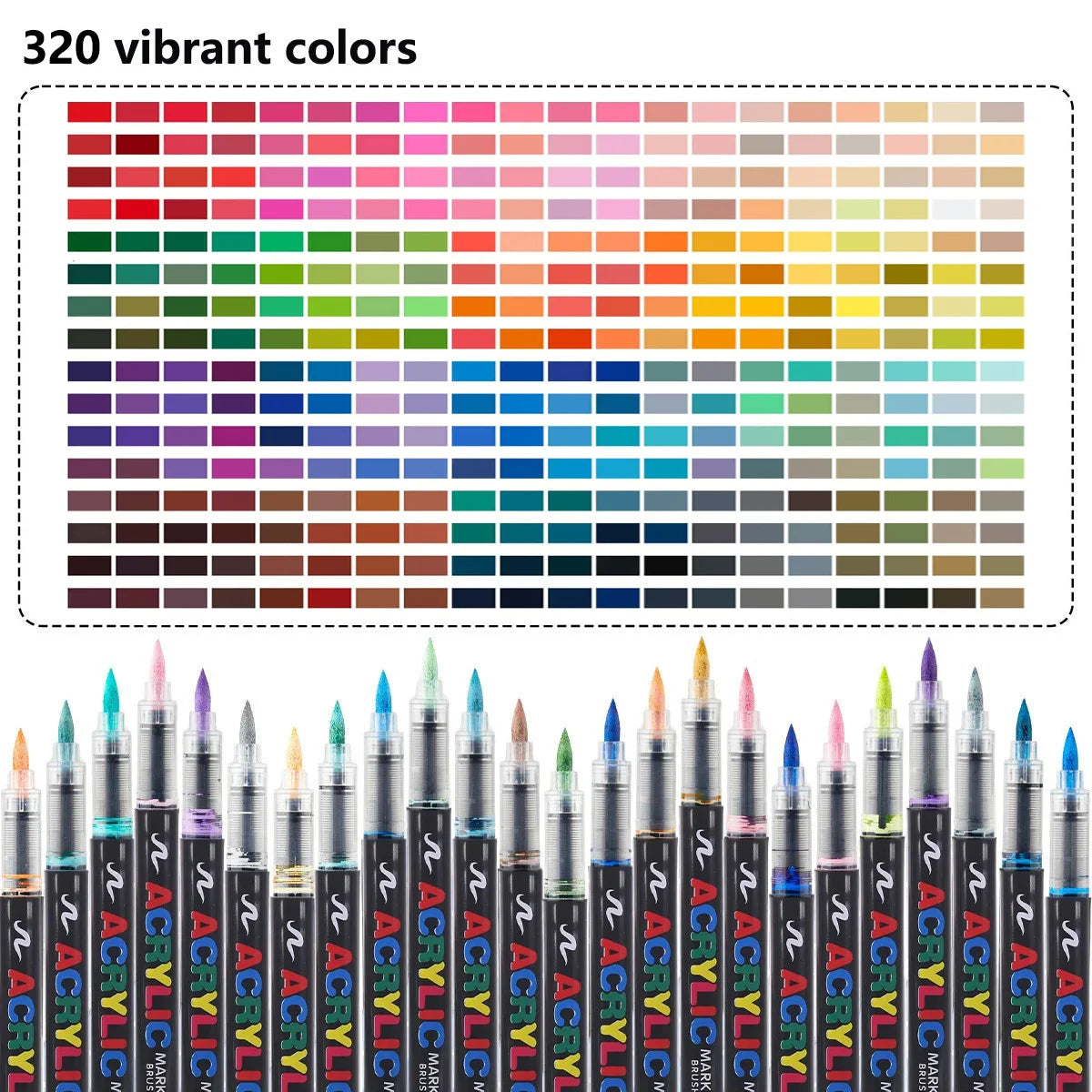 Colección de 320 colores vibrantes de marcadores de pintura acrílica waterproof profesionales, dispuestos en una cuadrícula.