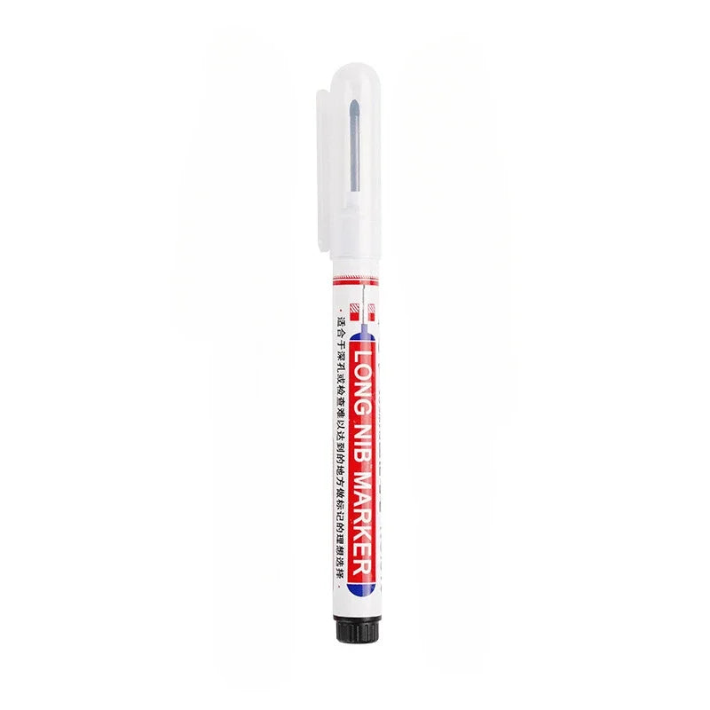 A white permanent paint marker pen with a clear tip is shown vertically.