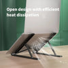 A white laptop is supported by a black foldable adjustable stand, demonstrating efficient heat dissipation.
