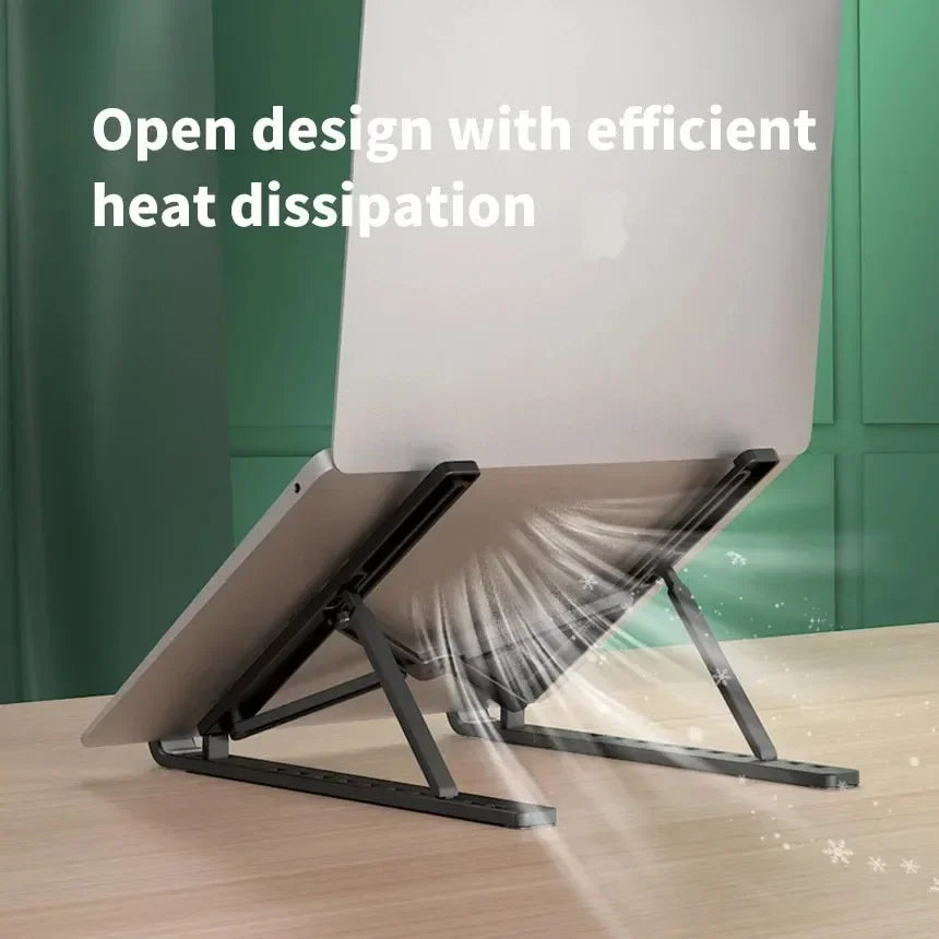 A white laptop is supported by a black foldable adjustable stand, demonstrating efficient heat dissipation.