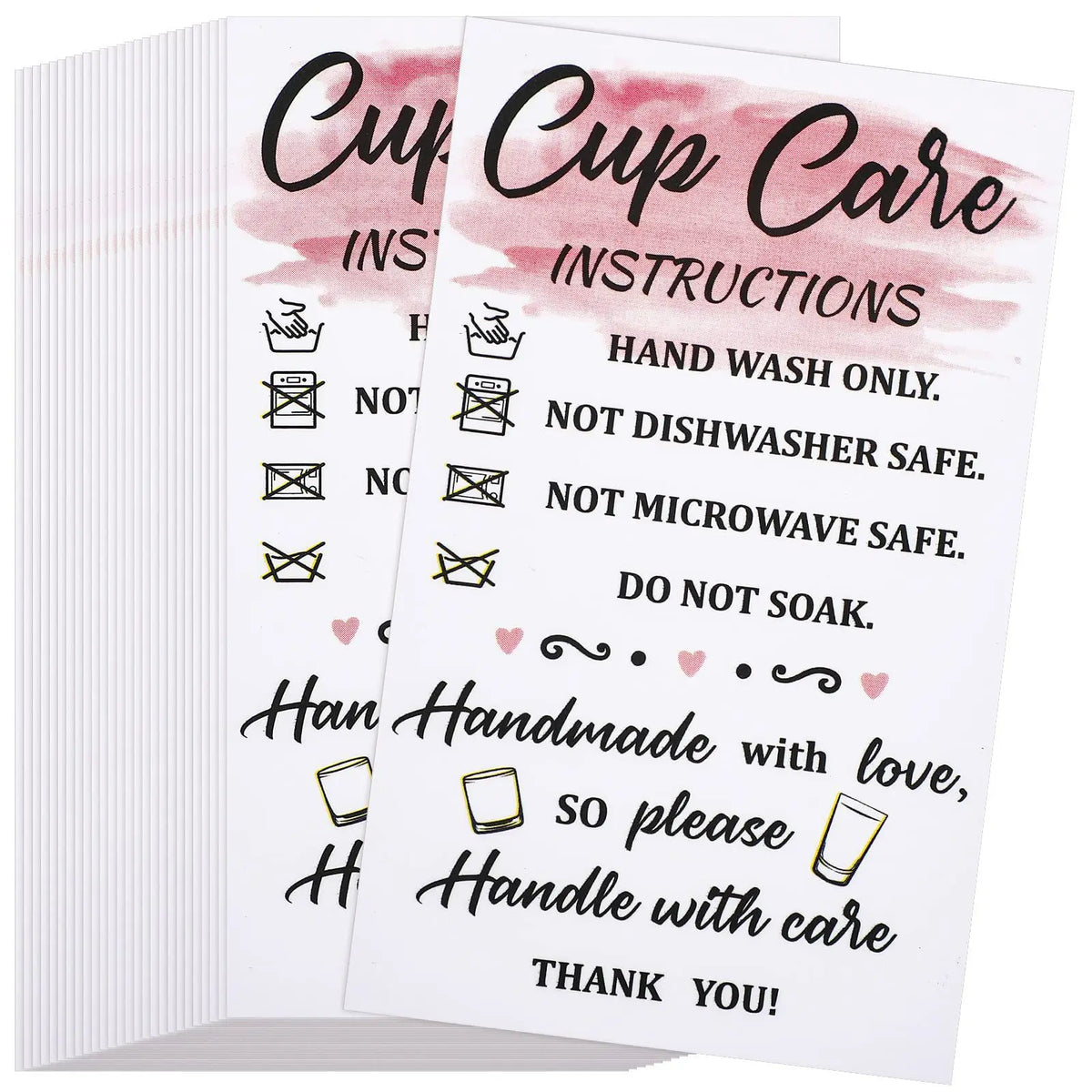 A set of pink and white instruction cards titled Cup Care Instructions detailing hand washing, dishwasher safety, microwave s