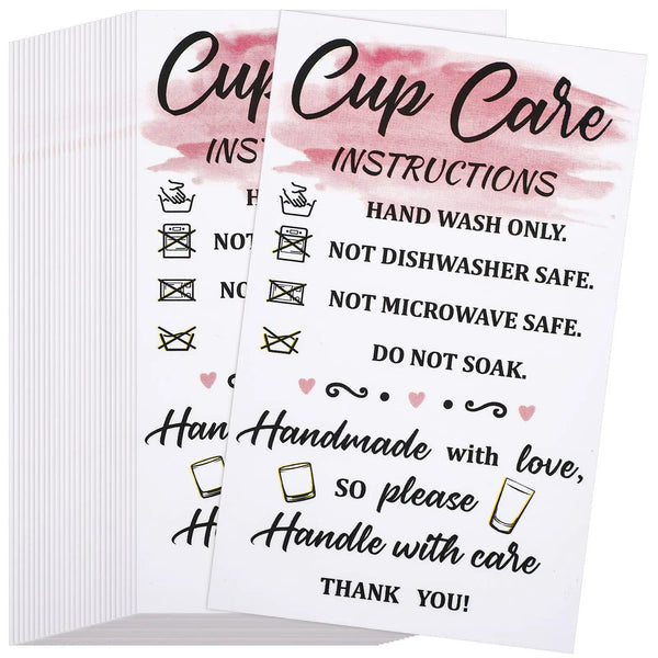 A set of pink and white instruction cards titled Cup Care Instructions detailing hand washing, dishwasher safety, microwave s