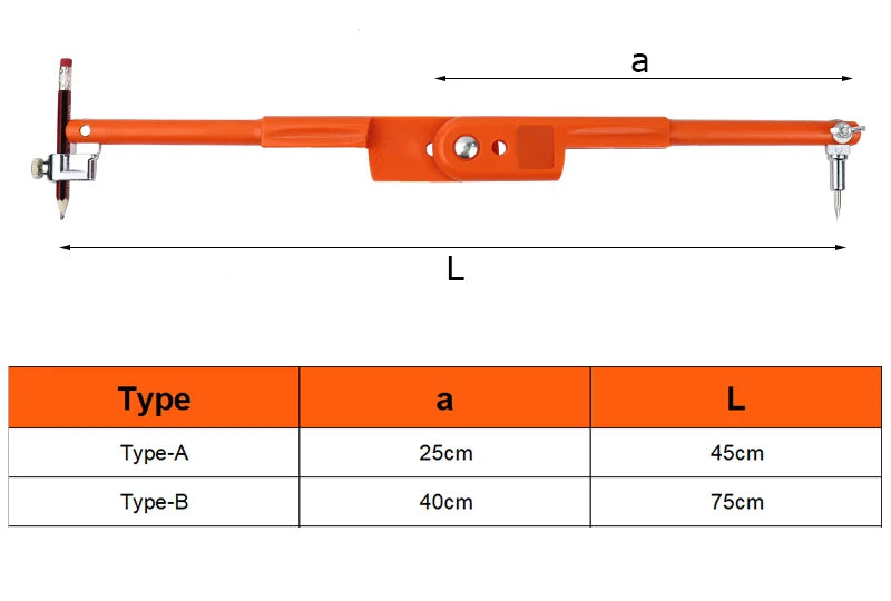 Diagram showing three types of adjustable woodworking marking compasses with dimensions for type A, B, and L.