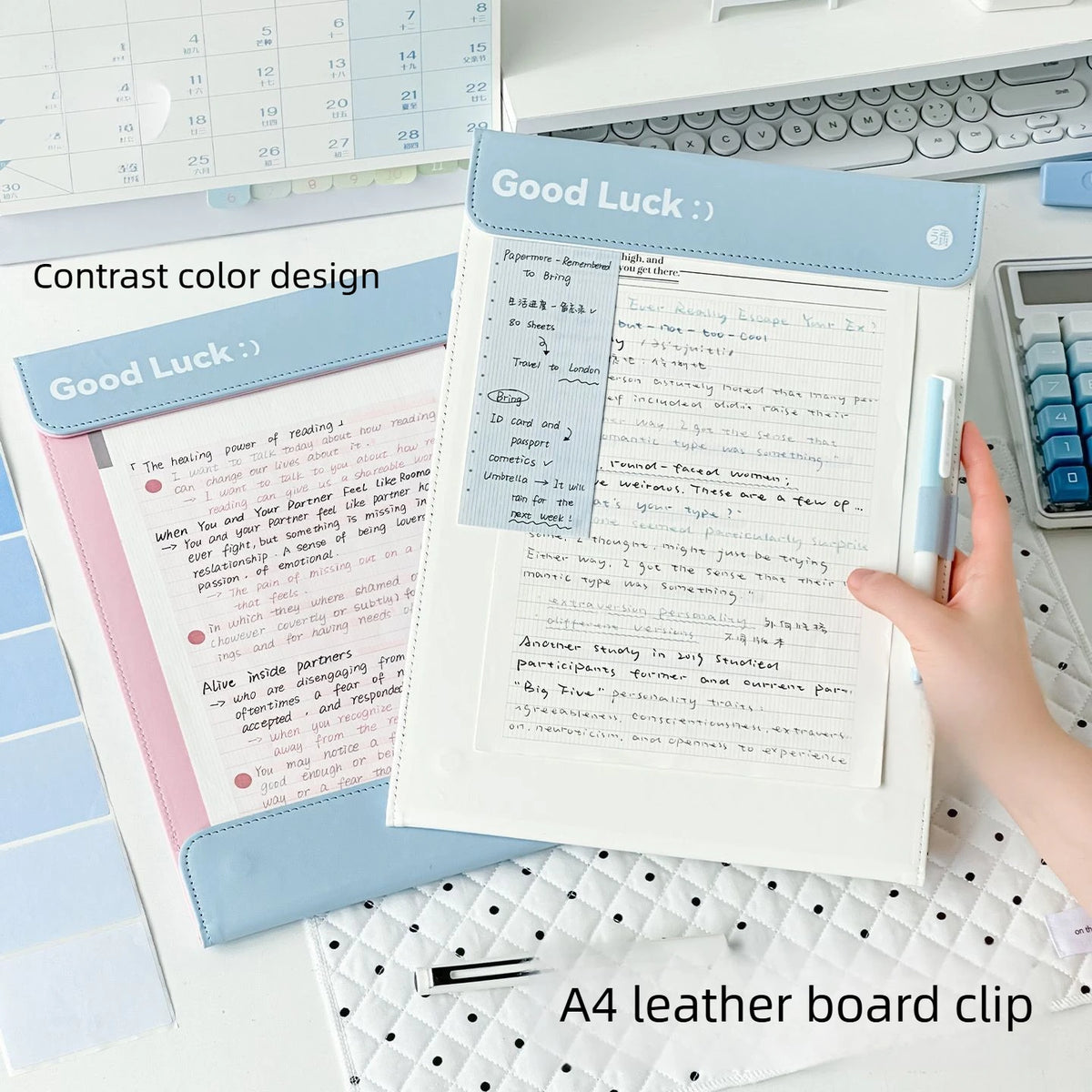 A4 leather clipboard with magnetic closure featuring contrast color design and stitching on a white desk.