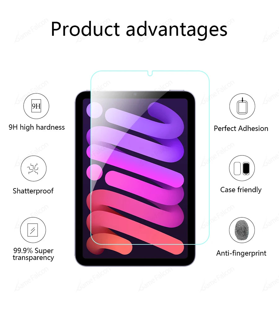 A black tablet displaying a vibrant purple and pink gradient, surrounded by icons highlighting features like high hardness, s