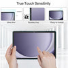 A hand is touching a tablet screen protected by a clear glass screen protector, demonstrating true touch sensitivity and ease