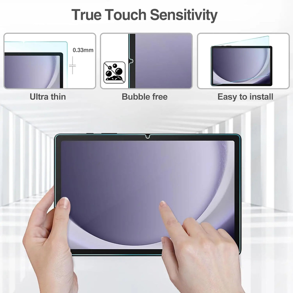 A hand is touching a tablet screen protected by a clear glass screen protector, demonstrating true touch sensitivity and ease