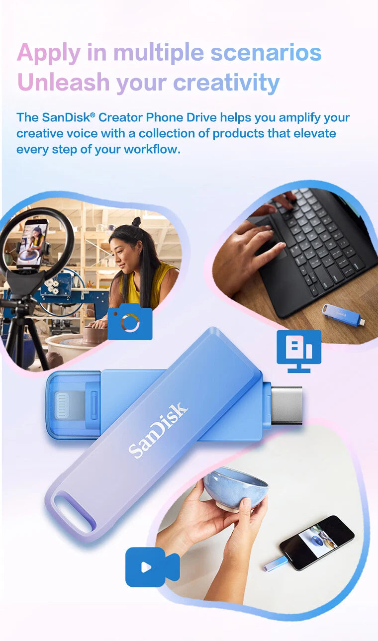 Una unidad flash SanDisk morada junto a una laptop y un smartphone, ilustrando su uso en flujos de trabajo creativos.