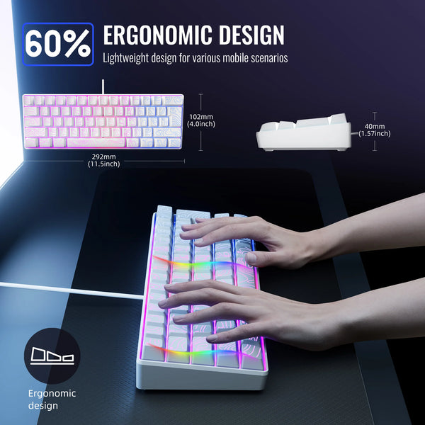 Close-up of an RGB illuminated ergonomic mechanical keyboard being used by a hand on a dark surface.