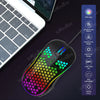 A black honeycomb RGB gaming mouse is shown next to a laptop keyboard and feature list.