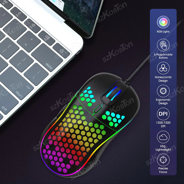 A black honeycomb RGB gaming mouse is shown next to a laptop keyboard and feature list.