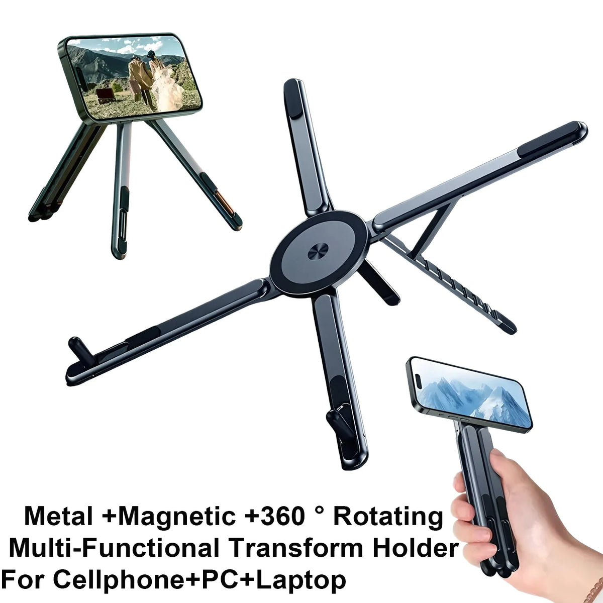 A black metal magnetic 360 degree rotating multi-functional transform holder for cellphones and laptops.
