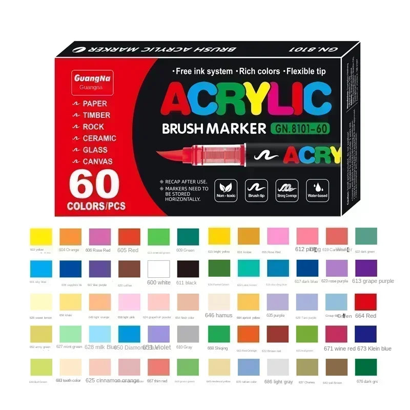 A box of 60 acrylic brush markers in various colors and tips for DIY art projects.