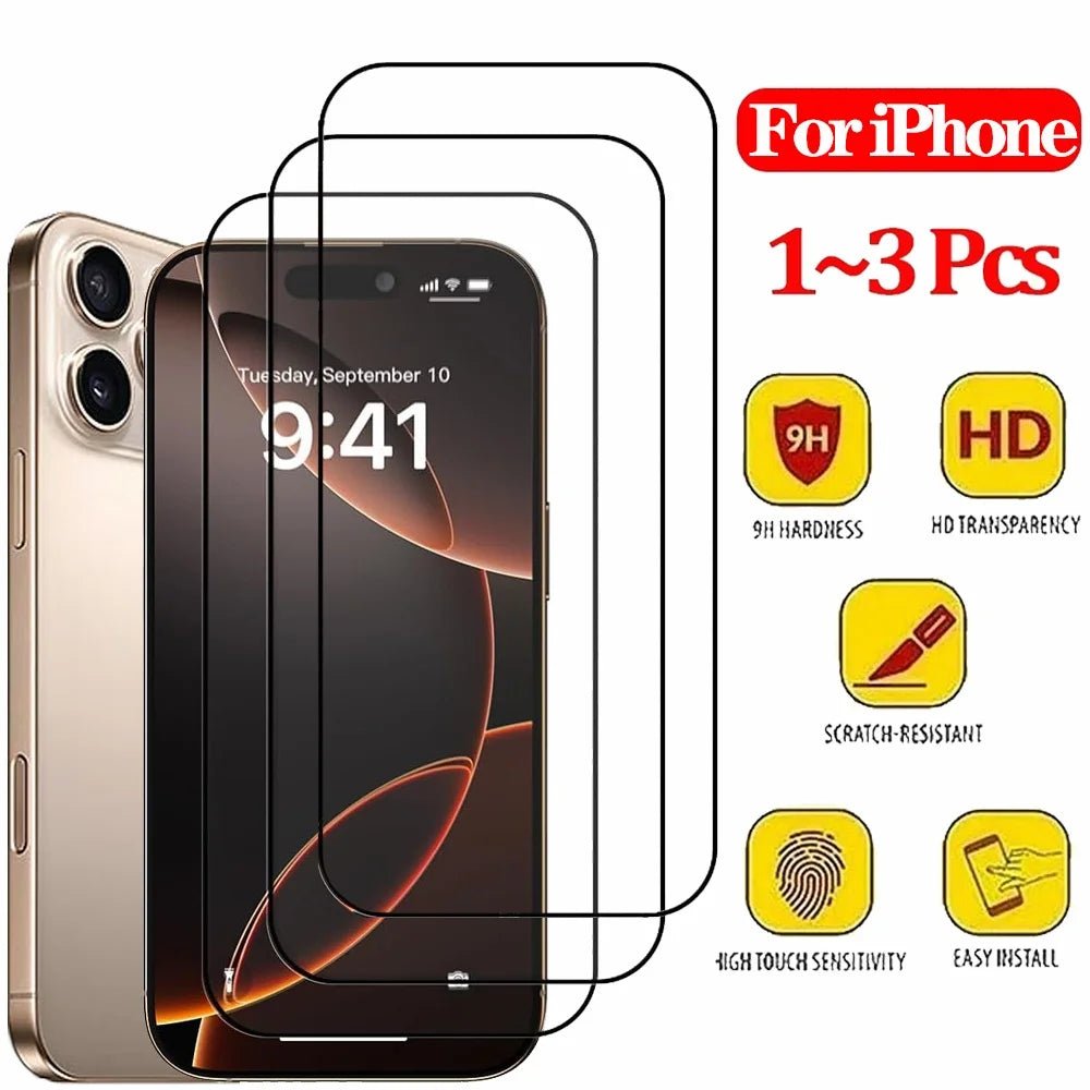 A screen protector film for an iPhone showing various installation and features like scratch resistance and high touch sensit
