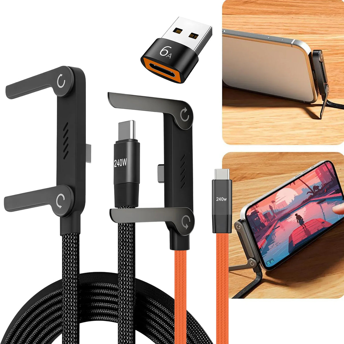 A black 2-in-1 fast charging data cable with a folding stand, showing various connectors and the cable coiled.