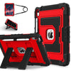 A red protective case for an Apple iPad is shown with accessories and another open case.