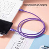 A purple USB-C to Type-C charging cable is shown connected to a white laptop and a smartphone.