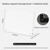 A white desktop magnetic message board with four adhesive hooks and a clear writing surface.