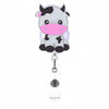 A silver and pink unicorn-themed retractable badge reel with a clip.