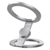 A silver dual magnetic phone stand and fidget spinner with a circular design.