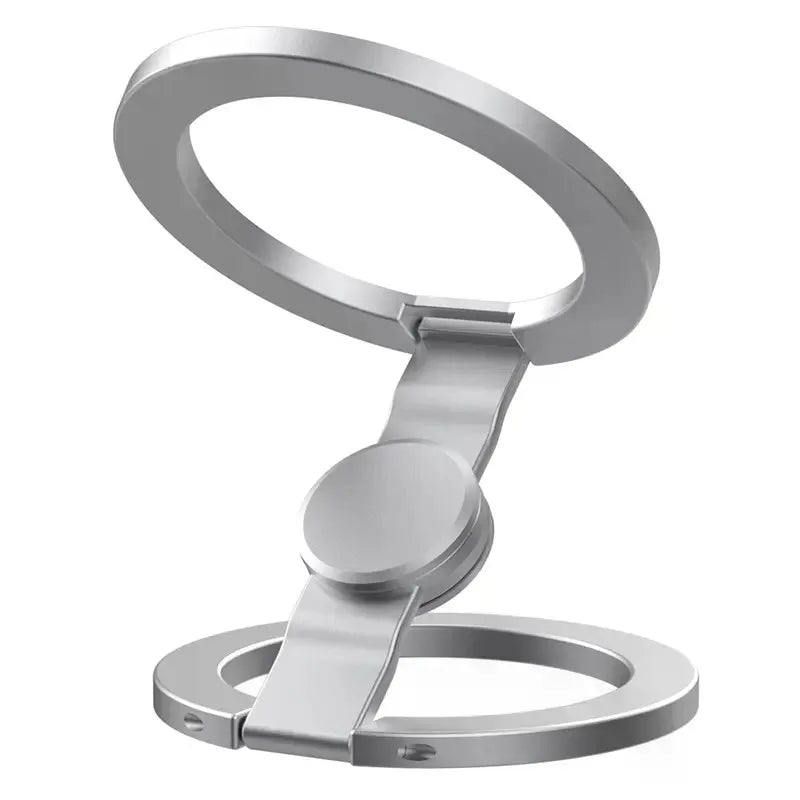A silver dual magnetic phone stand and fidget spinner with a circular design.