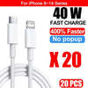 A set of 20 white USB-C to Lightning fast charging cables for iPhone 8-14 series devices.